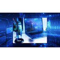 Microphone and laptop on a desk with a blue digital background and binary code, representing podcasting, technology, and online communication.